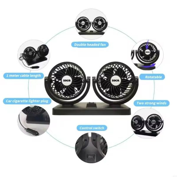 Car Fan Dual Head 4-inch 12v/24v – 360° Rotating Low Noise Cooling Fan