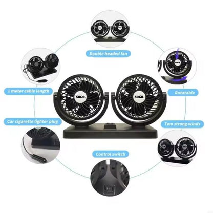 Car Fan Dual Head 4-inch 12v/24v – 360° Rotating Low Noise Cooling Fan